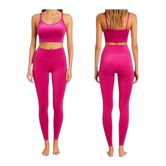 Athleta Tops - Athleta Elation Velvet Set Berry Fuchsia Crop Top High Rise Leggings Outfit S